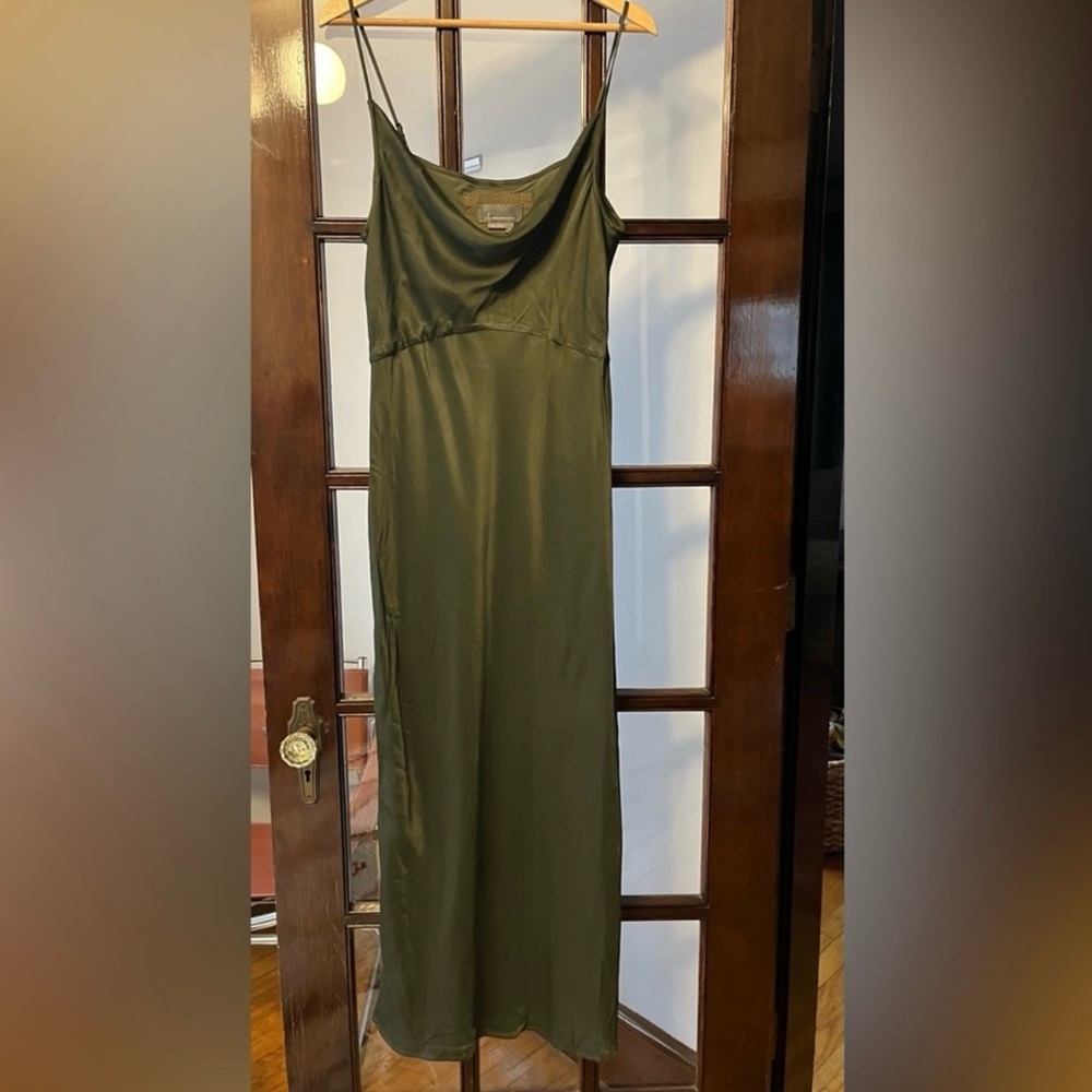 Anthropologie Olive Green Satin Slip Dress